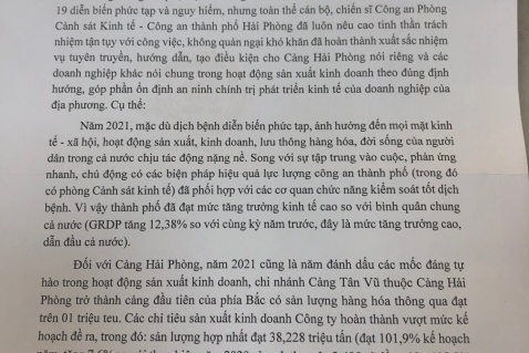 Công ty CP Cảng Hải Phòng gửi thư cảm ơn Phòng Cảnh sát Kinh tế - CATP